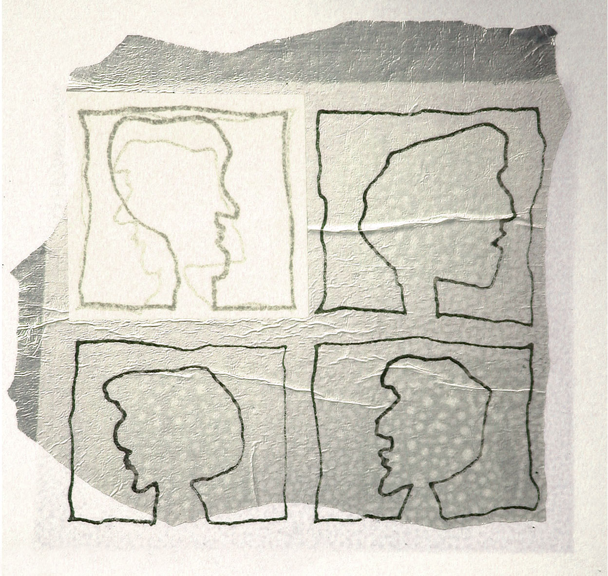 Monoprint collage drawing 4 profiles silver, 26 x 26 cm
