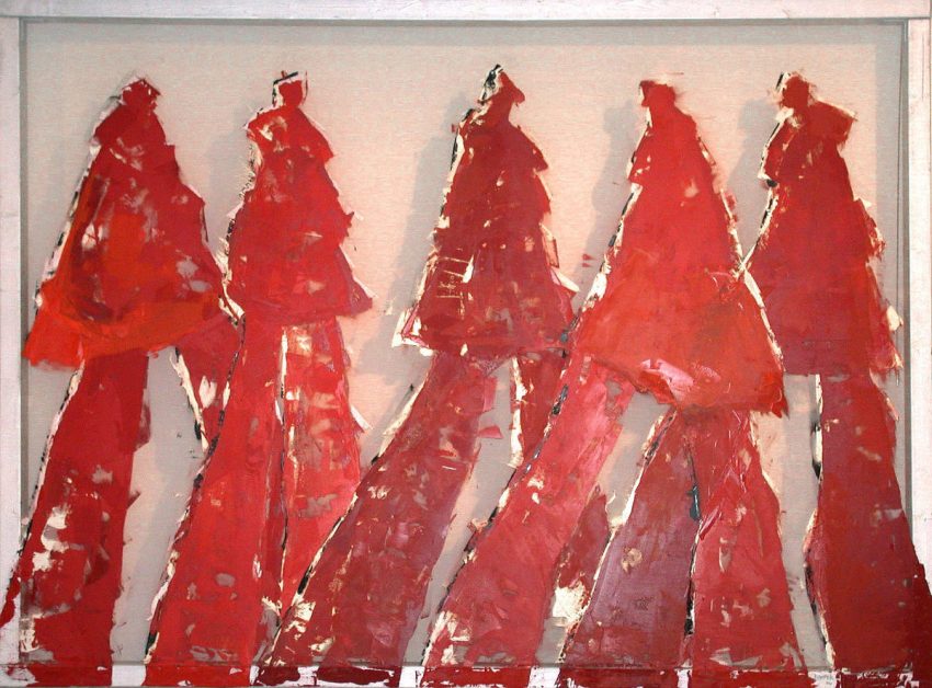 Transparent painting: Five figures in red