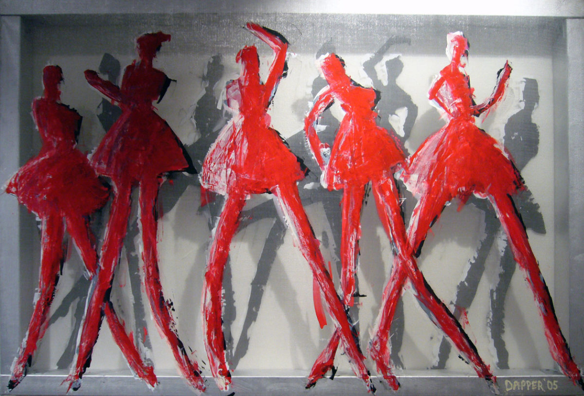 Transparent painting: Five red dancers