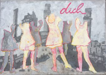 Study for painting with embroidery an collage of dancing girls in the polluted air of factory’s