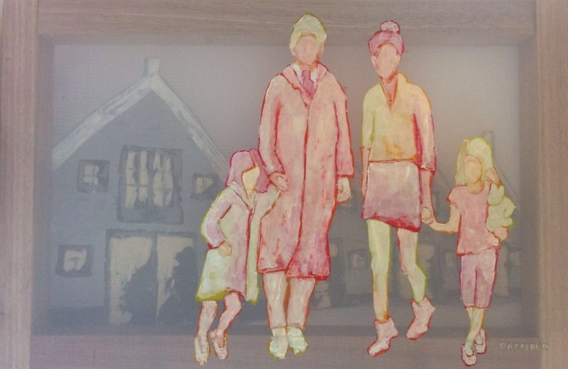 Transparent painting, family, father, mother, childeren, walking, Dutch houses
