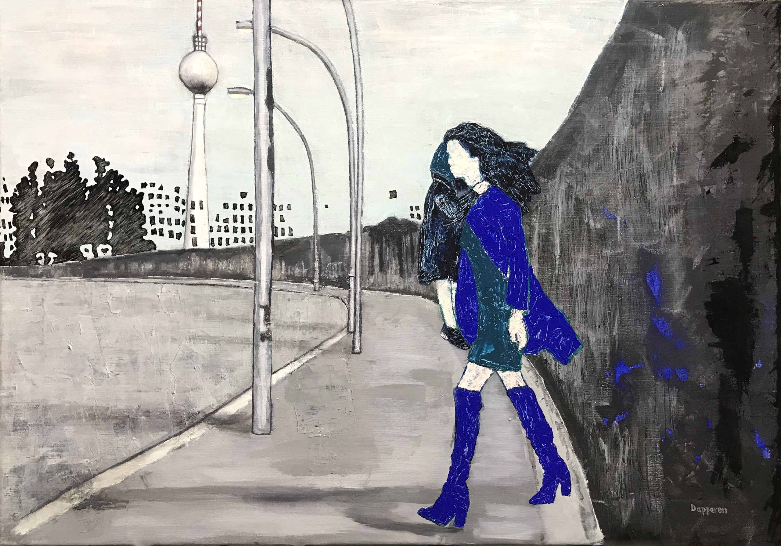 painting, contemporary artist, wall, blue, black and white, walking woman, child,Street, Berin