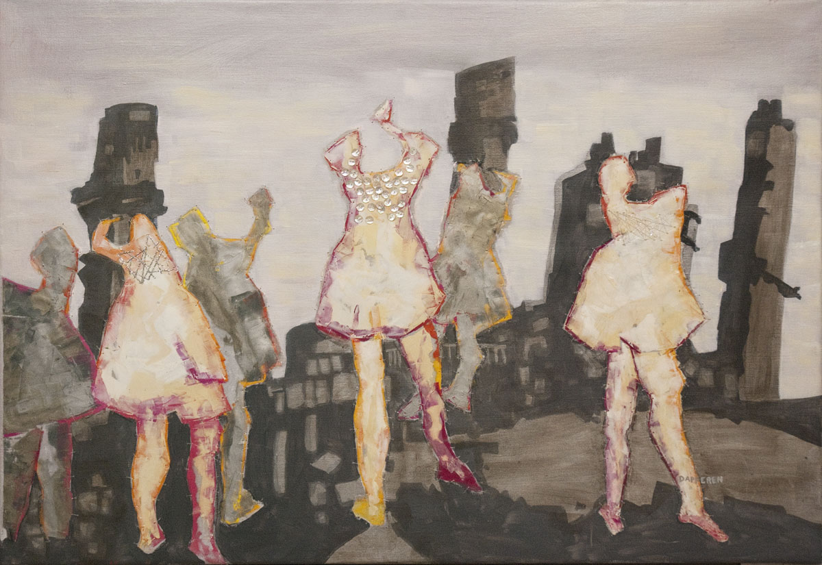 painting with embroidery an collage of dancing girls in polluted air of factory’s