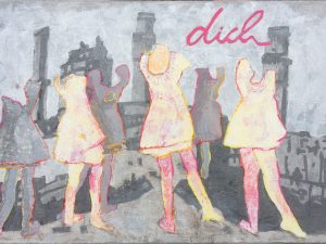 Study for painting with embroidery an collage of dancing girls in the polluted air of factory’s