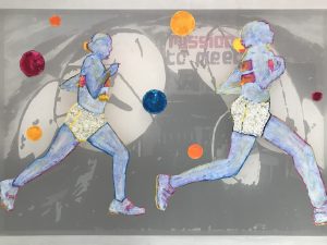 Transparent painting with embroidery and mother of pearl buttons, of two female marathon runners