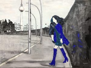 painting, contemporary artist, wall, blue, black and white, walking woman, child,Street, Berin